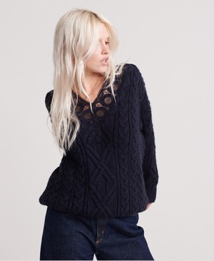 Superdry Lannah Lace Vee Cable Knit Női Kötöttáru Sötétkék | FQEXB2091